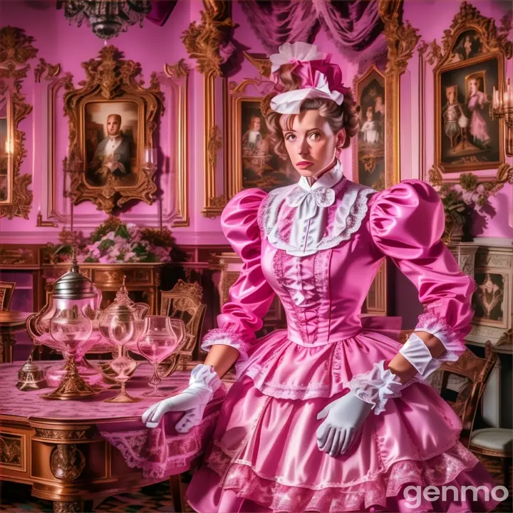 a woman in a pink dress standing next to a table