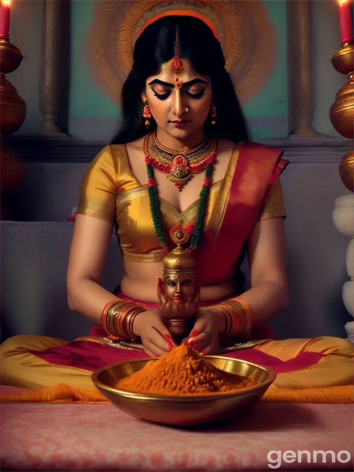 Kumkum Archana
Scene: Close-up of a woman performing kumkum archana to the Varalakshmi idol.
Image: Kumkum and turmeric in small bowls being offered, with the idol adorned with flowers.