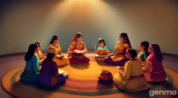 Vratha Katha Recital
Scene: Women sitting in a circle, one of them reading the Vratha Katha (story).
Image: An animated scene showing the characters listening to the story with devotion.