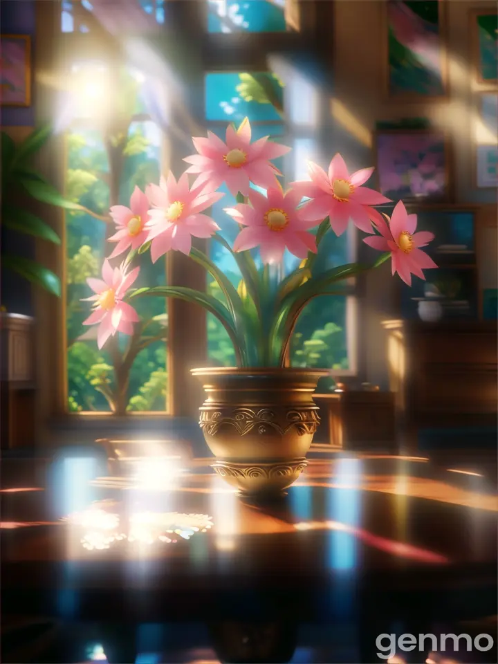 a vase filled with pink flowers on top of a wooden table
