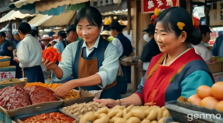 8. **Interacción Cultural en el Mercado de Joto-ku**: Un primer plano de una transacción en el mercado, donde un vendedor entrega un producto tradicional a un cliente, mientras ambos intercambian sonrisas. La escena captura el calor humano y la conexión cultural que caracteriza a Joto-ku.
