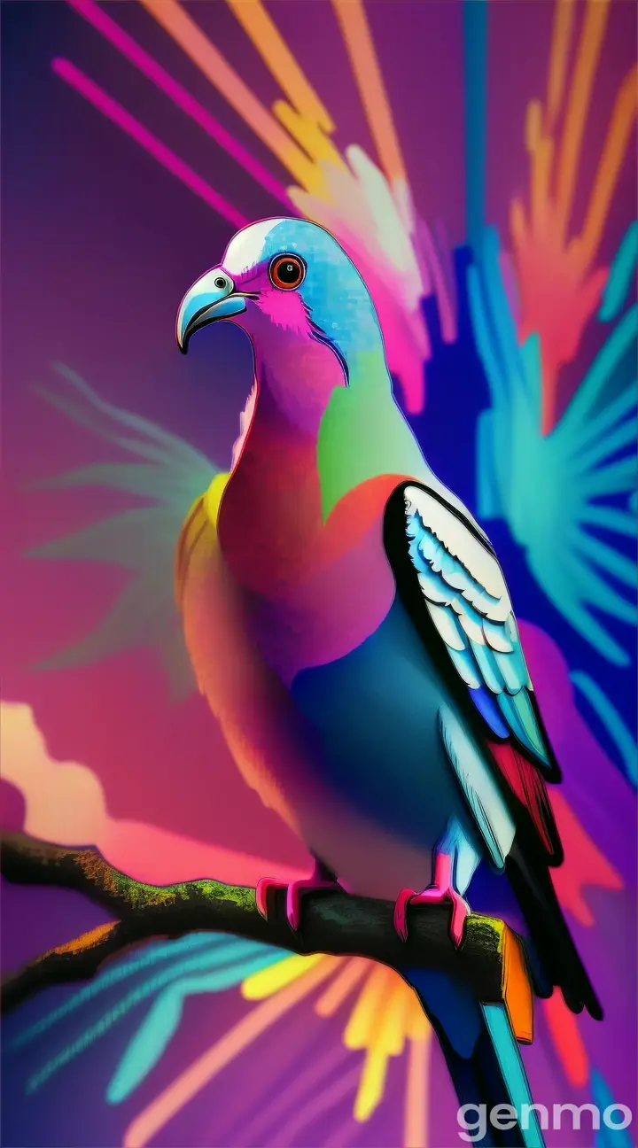 A dove in bright colors on a branch in a strange way, digital creativity. 