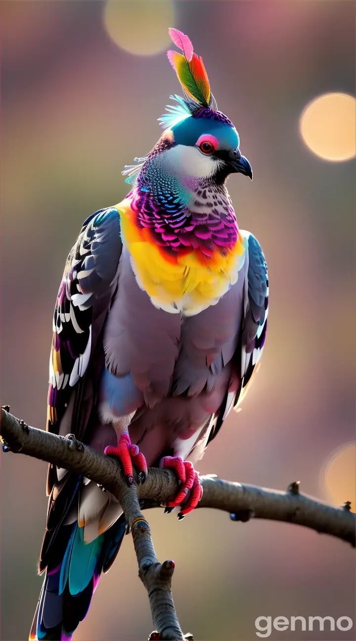 A pigeon on a branch with a bright color and a strange shape 