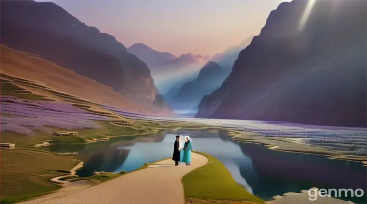 8k wide shot: A young Pakistani couple in modern outfits strolls along a crystal-clear river that flows through a heavenly valley, where the water sparkles like diamonds. The sky above is a soft lavender, and the couple shares a quiet moment, their reflections shimmering in the water.
