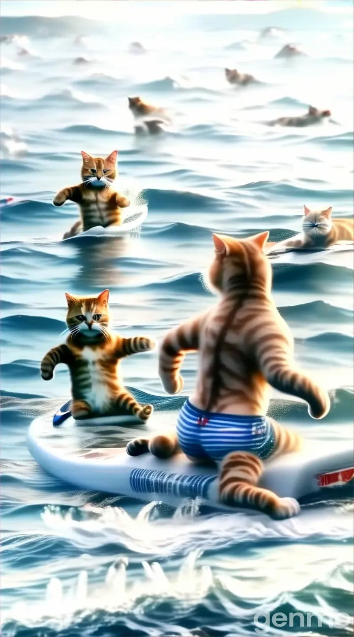 a picture of a cat on a surfboard in the water