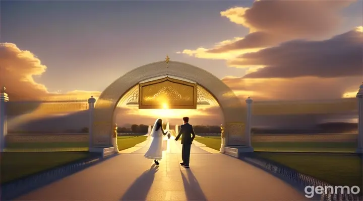 8k wide shot: A young Pakistani couple wearing modern outfits walks together through the Gates of Heaven, where the entrance is surrounded by majestic, pearly clouds and golden light. Angels with wings of shimmering light stand in welcome, and the couple steps into a realm of eternal peace.