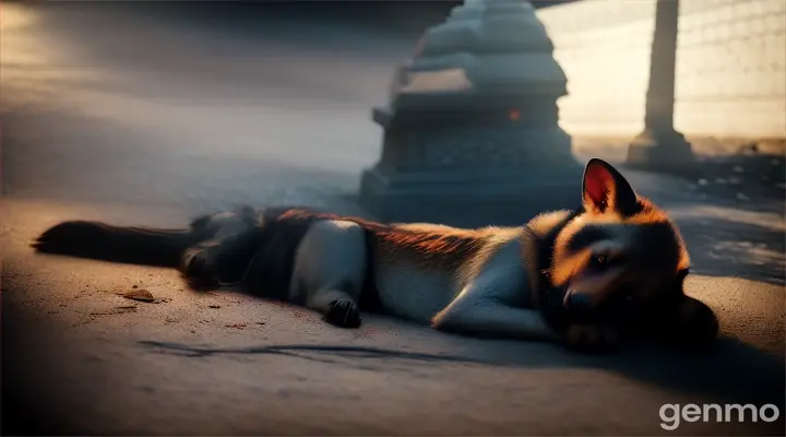 Injured Ramoo lies near a temple at dusk, deep shadows partially concealing beacons of light, suggesting aid.