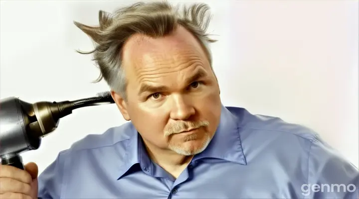 a man with a hair dryer on his head