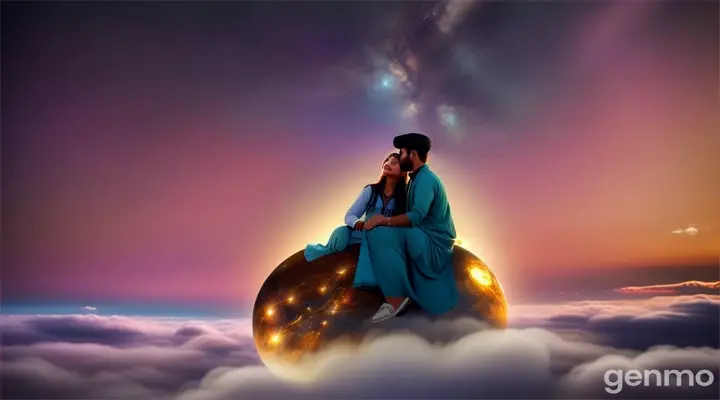 8k wide shot: A young Pakistani couple wearing modern outfits lies on a cloud in the midst of Heaven’s skies, where the stars are brighter and closer than ever. The couple holds each other, gazing up at the swirling galaxies that paint the heavenly dome above them.