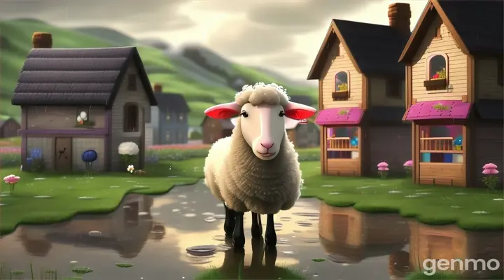 Fuzzy cartoon sheep standing by a small 3D house in a rainy meadow, puddles reflecting soft light