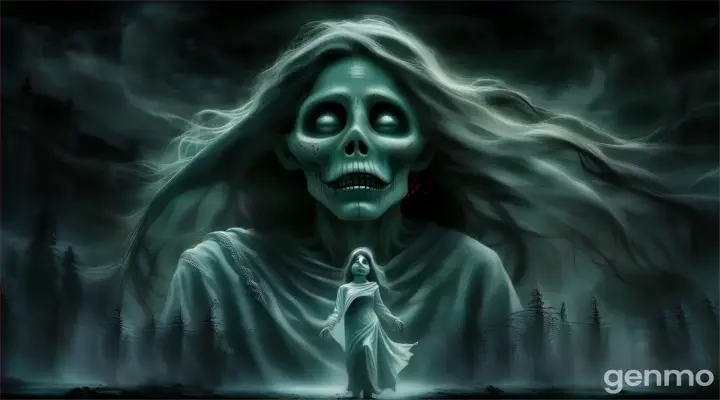 a scary woman with long hair and a creepy face