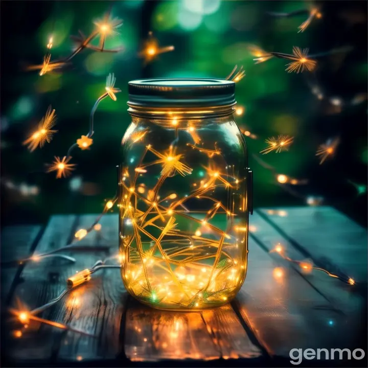 a mason jar filled with fairy lights on top of a wooden table