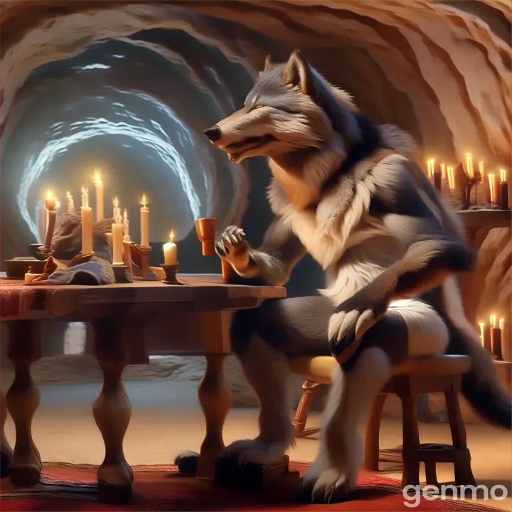 a stuffed wolf sitting at a table with candles