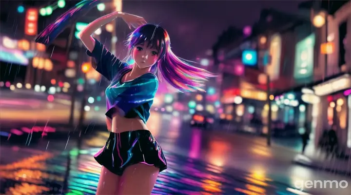 girl in wet white t-shirt, dance on the street, rain, night, anime, 