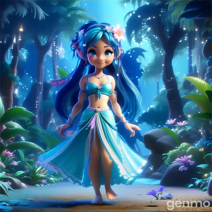  a beautiful fairy with blue hair wearing blue lehehenga smiling ,flower  on the head in the jungle at night   standng barefoot 3D animation cartoon zoom out 