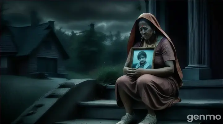 a woman sitting and cryingon a step holding a picture