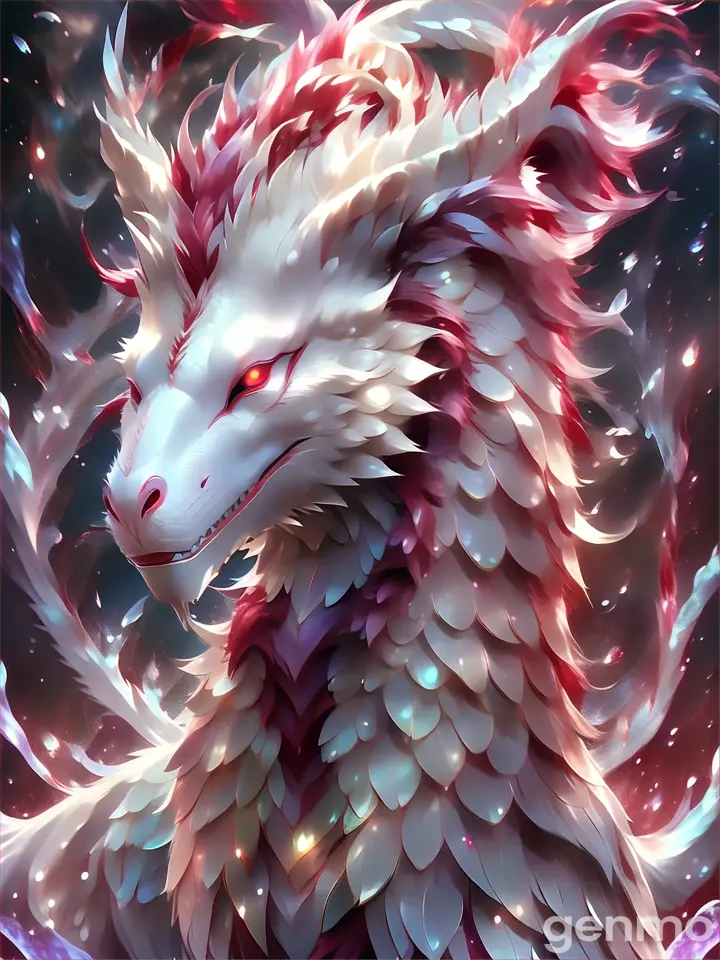 A white and red dragon with piercing red eyes soaring above a volcanic eruption