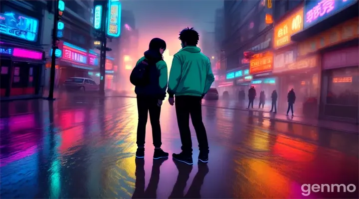 man stands opposite girl at neon-lit street with colorful reflections on wet pavement, wide angle, rain, anime