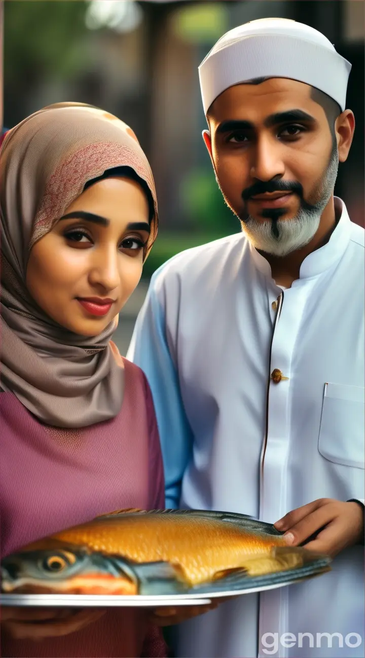 Muslim man standing next to his wife wearing hijab while she frying fish without a tail