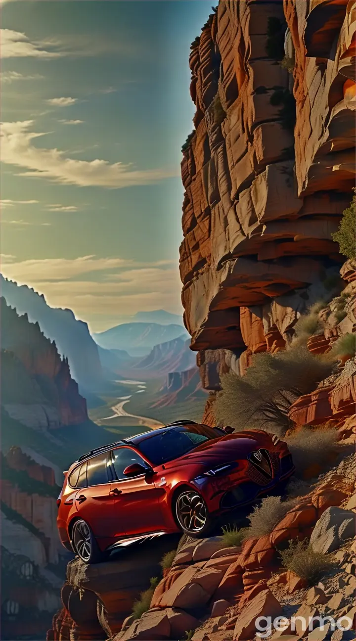 Side view from below, red Alfa Romeo Giulia station wagon standing on the edge of a canyon, rocks falling, breathtaking, sense of danger, panoramic, ray tracing, cinematic,