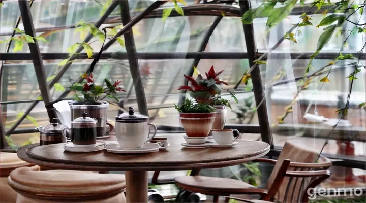 a table with two cups of coffee and a potted plant