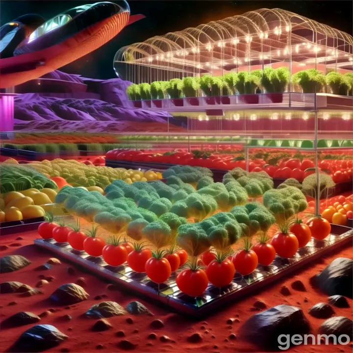 a futuristic farm with tomatoes and other vegetables