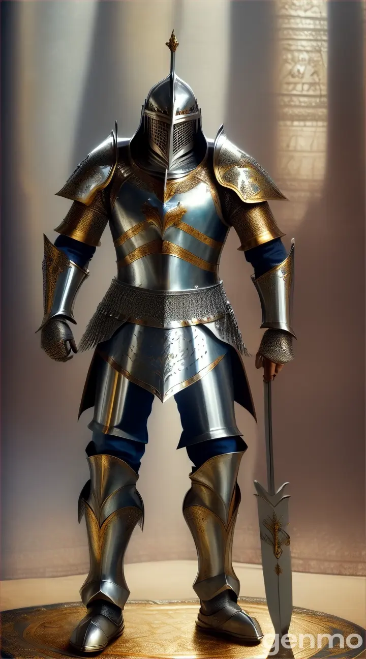 Funny Gleaming knight's armor in battle, metalwork with silver and gold inlay, emphasizing texture and reflection