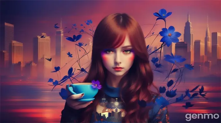 The image is a digital art piece that appears to be a portrait of a person holding a cup of coffee. The person is standing in front of a red background with a cityscape in the background. The cup is white with a blue flower design on it and the word "Coffee" written in blue. The image has a surreal and dreamlike quality, with the person's face and body appearing to be in a state of distress. The colors are mostly blue and purple, with some hints of red and orange. The overall mood of the image is dark and eerie.