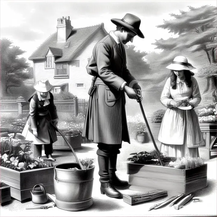 a black and white drawing of two people in a garden