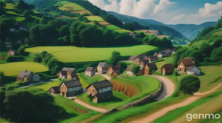 Realistic photo of a serene village nestled among lush green hills, with a clear blue sky and trees swaying in the wind. The atmosphere should be peaceful and idyllic. -ar 16:9