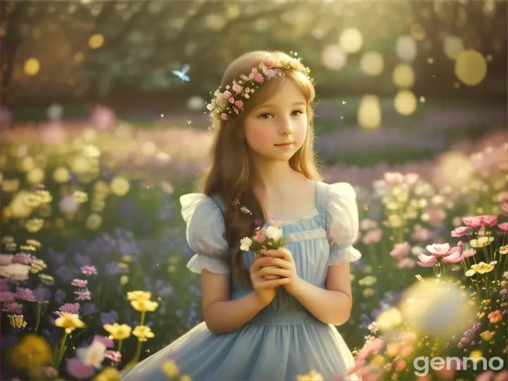 Twinkles, a flower garden, a girl picking flowers in the center, a bird, a deer, a rabbit, a horse, and a butterfly snuggle up around the girl