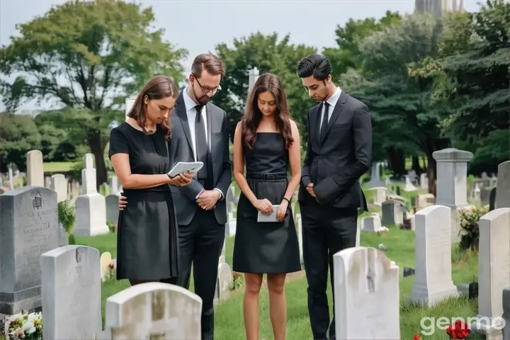 a group of people standing around a cemetery