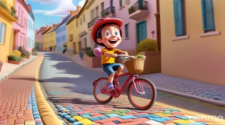 a cartoon character riding a bike down a street