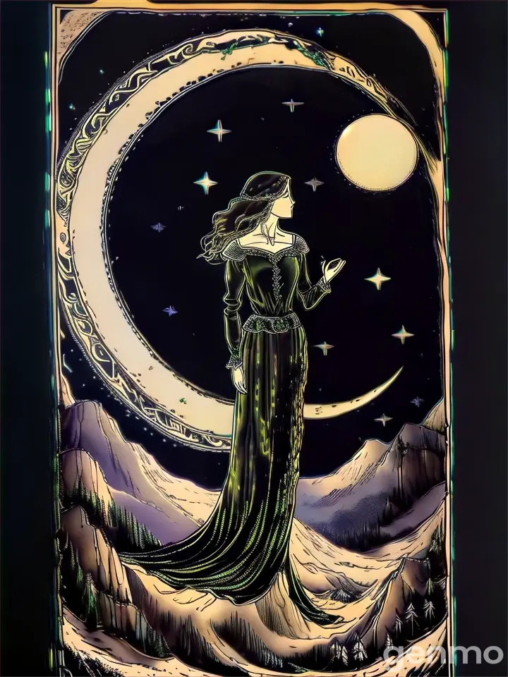 a woman standing on top of a hill next to a moon dark surreal mysterious very detailed high resolution