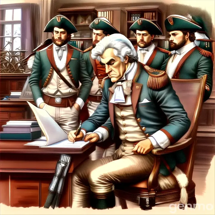 a painting of a man sitting at a desk in front of a group of men