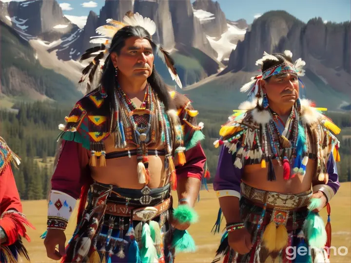 a group of men dressed in native american costumes