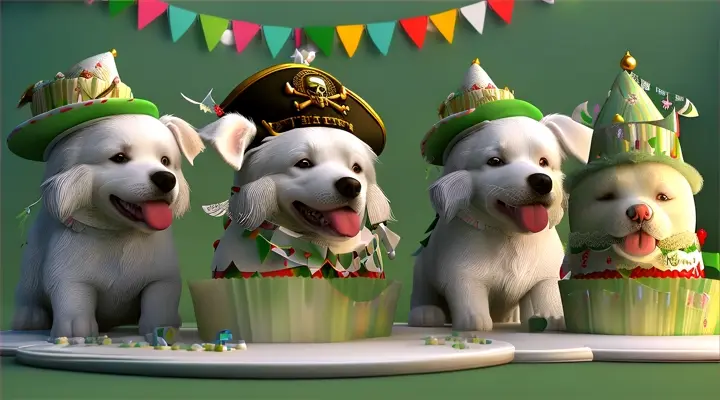 DOGS cryptocurrency listing. 3 bald white dog heads with standing ears, looking at cake, surrounded by a small, tall, round cake. White pirate dog wearing a hat and a patch over one eye, with a bone in his teeth. The background is uniform green. DOGS cryptocurrency listing