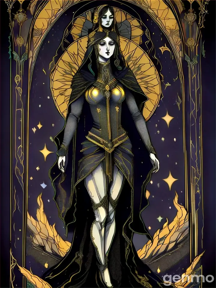 a tarot card with a woman dressed in black and gold dark surreal mysterious very detailed high resolution