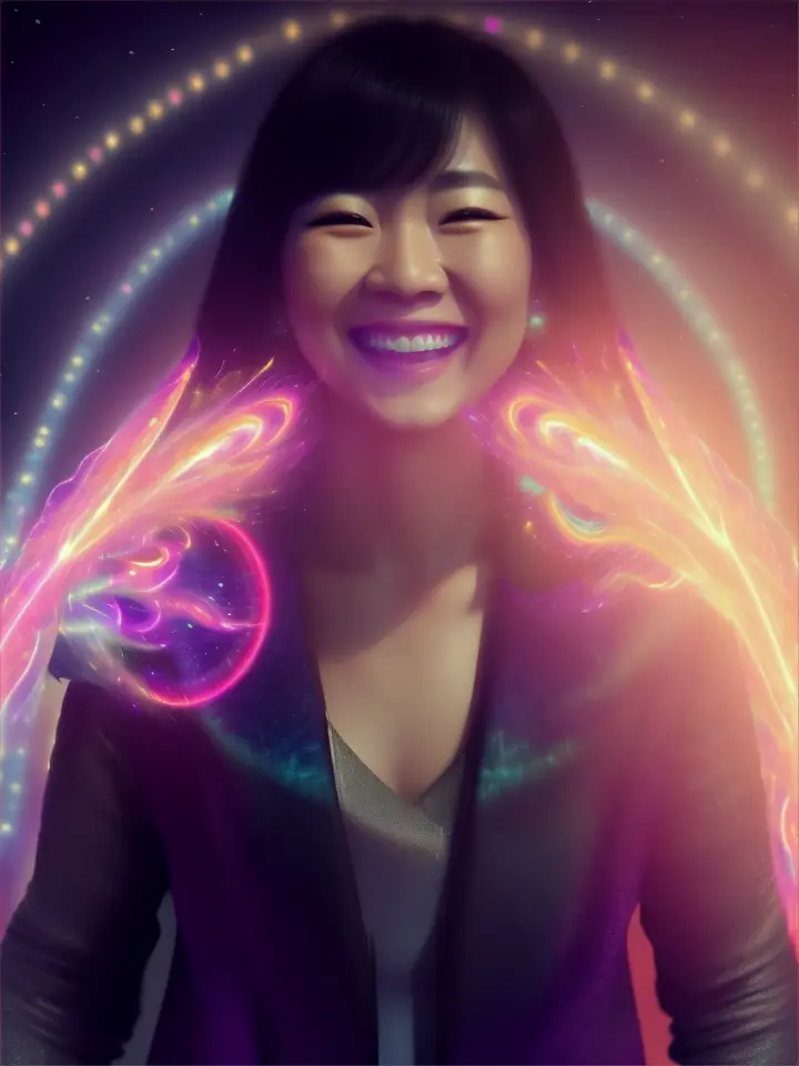 An Asian female hypnotist in futuristic sleeveless tuxedo laughing with power and surrounded by cosmic swirls
