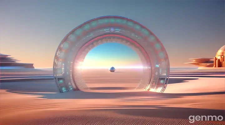 chrome Metallic circular gate, with way entrance in middle, all in space desert of future. panorama space and panoramic view of Abstract surreal cosmic background, low sand dune of desert, in front of a chrome moon in the sky. blue and pink pastel color, symmetry layout