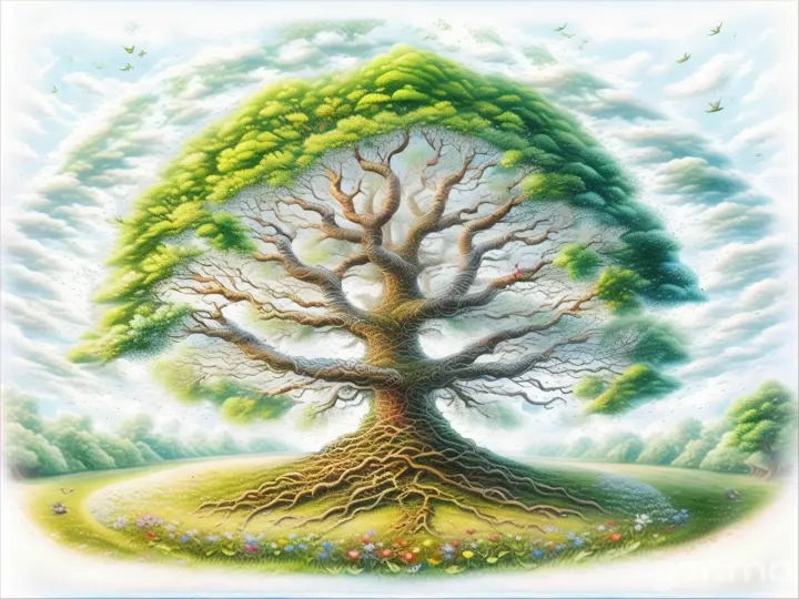 a painting of a tree in a field