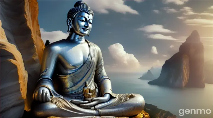 "The Buddha of serenity and peace, sitting on a clip. The true background with the ability to shine with a silver aura in the hometown. The dimension symbolizing the hero of the innocence and virtue he conveys along with the Buddha's proud smile." 16:9