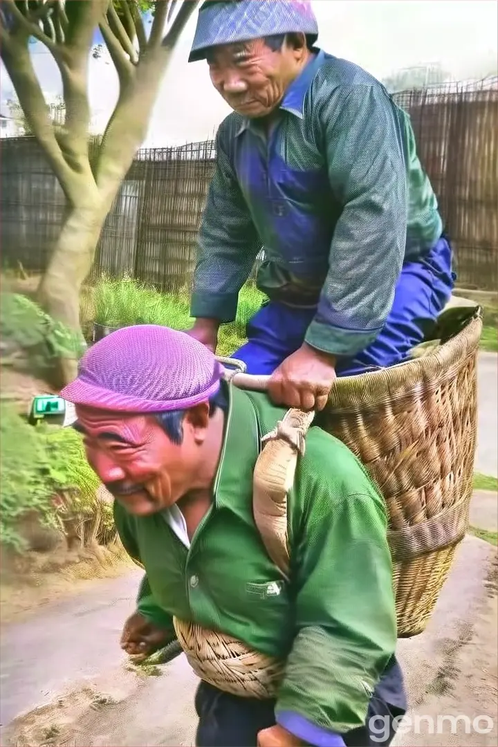 an Yang man carrying his mother in the a basket on her back