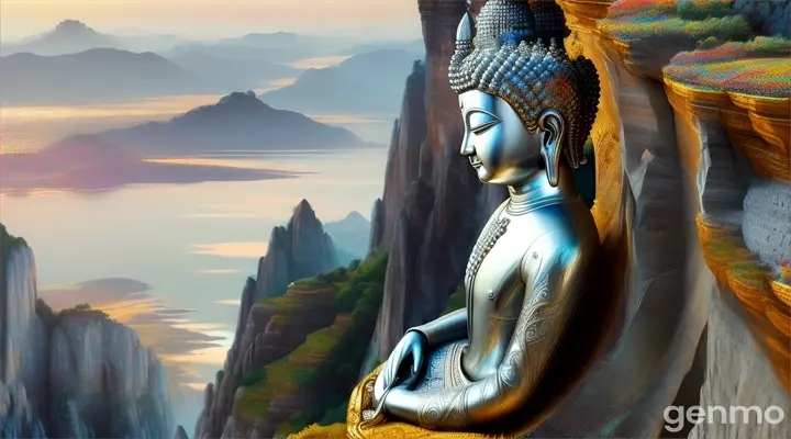 "The Buddha of serenity and peace, sitting on a clip. The true background with the ability to shine with a silver aura in the hometown. The dimension symbolizing the hero of the innocence and virtue he conveys along with the Buddha's proud smile." 16:9