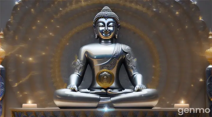 "The Buddha of serenity and peace, sitting on a clip. The true background with the ability to shine with a silver aura in the hometown. The dimension symbolizing the hero of the innocence and virtue he conveys along with the Buddha's proud smile." 16:9