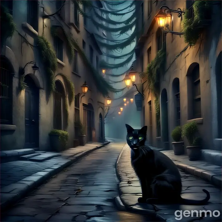 a black cat sitting on a street at night