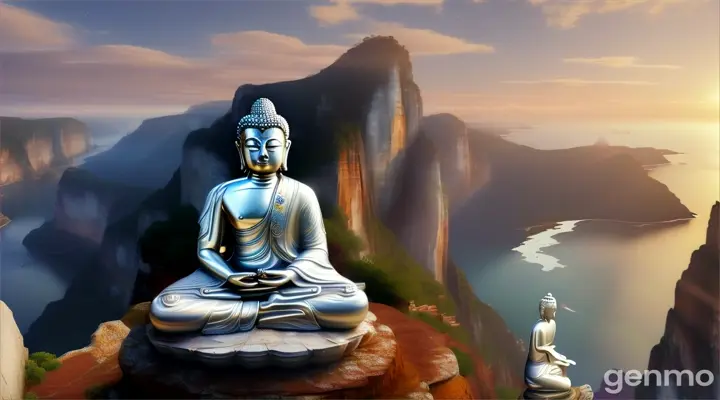 "The Buddha of serenity and peace, sitting on a clip. The true background with the ability to shine with a silver aura in the hometown. The dimension symbolizing the hero of the innocence and virtue he conveys along with the Buddha's proud smile." 16:9