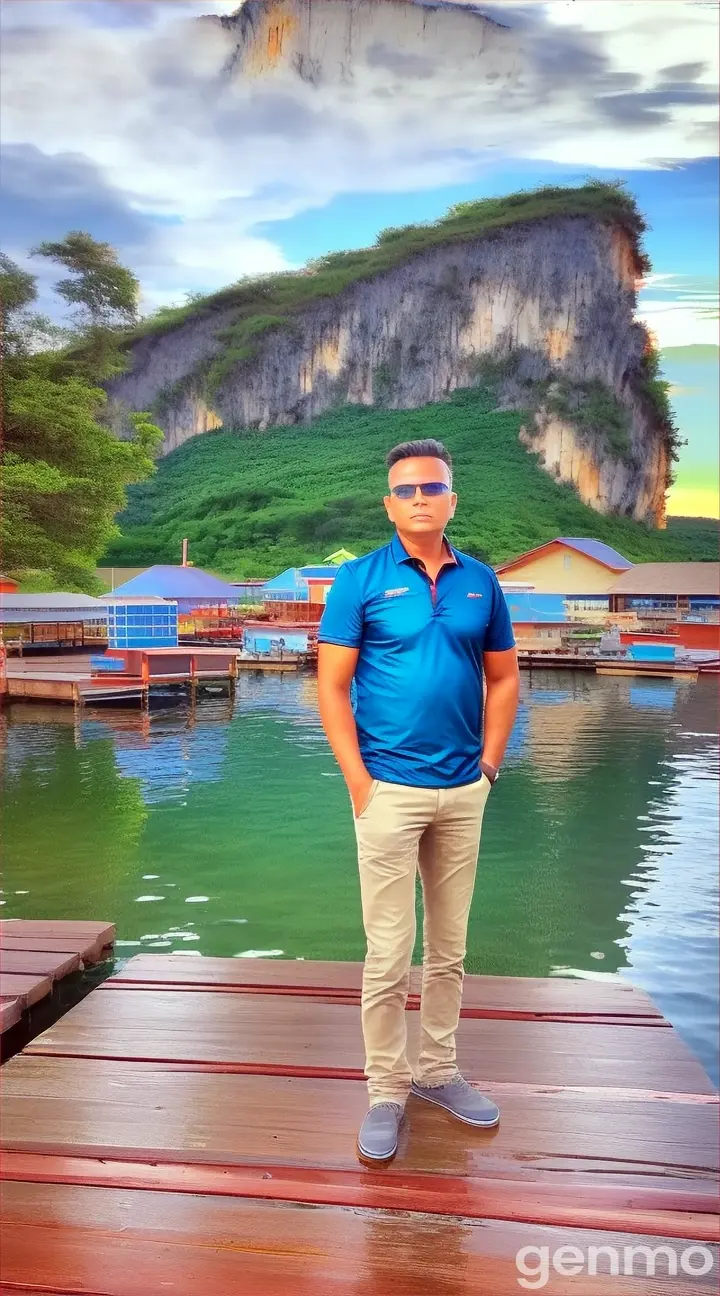 a man standing on a dock next to a body of water