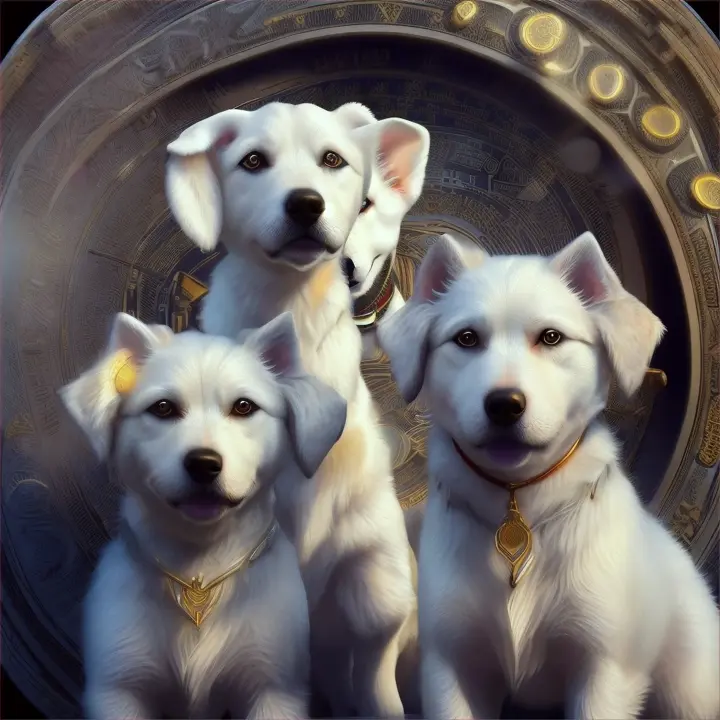 DOGS cryptocurrency listing inside the circle.
. 3 bald white dog heads with standing ears