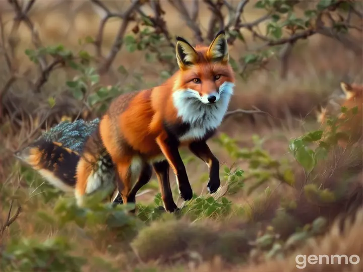 Fox, mid-leap, is about to crash into a thorny bush.